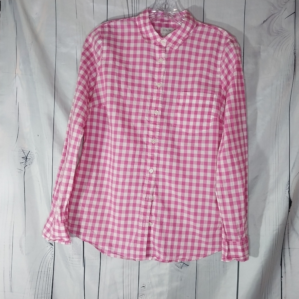J.Crew Factory Pink And White Gingham Button Down Lightweight Cotton Shirt